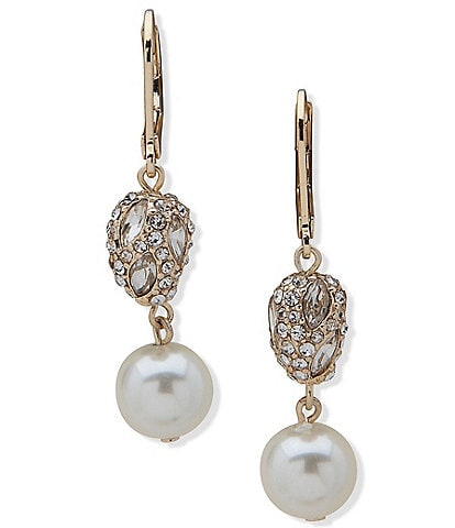 Anne Klein Pearl Crystal Nugget Double Drop Earrings