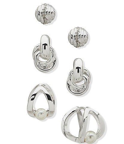 Anne Klein Pearl Fluted Dome Texture Trio Earring Set