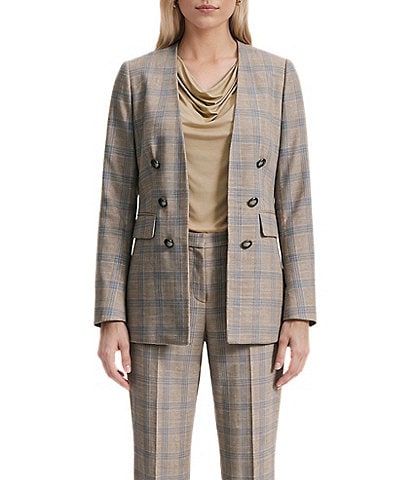 Anne Klein Plaid Faux Double Breasted Plaid Jacket