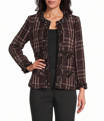 Anne Klein Plaid Tweed Fringe Pocket Jacket