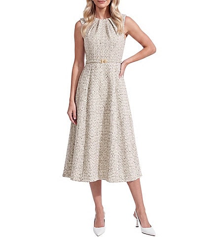 Anne Klein Pleated Tweed Belted Sleeveless Midi Dress