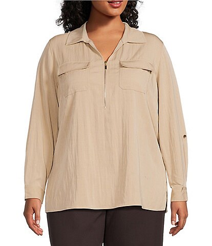 Anne Klein Plus Half Zip Roll Sleeve Twill Top