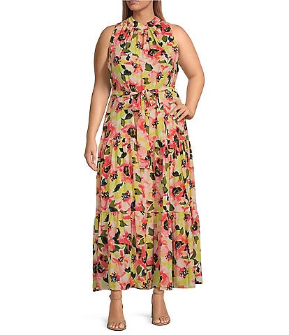 Anne Klein Plus Size Floral Halter Mock Neck Sleeveless Tiered Maxi Dress