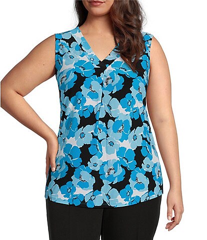 Anne Klein Plus Size Floral Print Pleated Front V-Neck Sleeveless Top