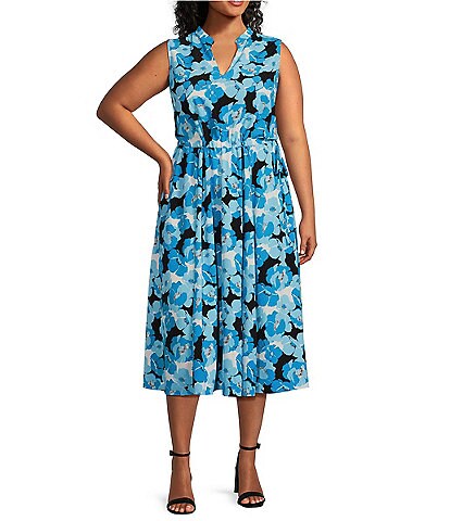 Anne Klein Plus Size Floral Print Split V-Neck Sleeveless Drawstring Midi Dress