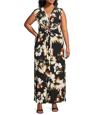 Anne Klein Plus Size Floral V-Neck Sleeveless Knot Front Maxi Dress