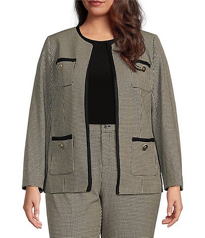 Anne Klein Plus Size Houndstooth Novelty Trim Open Front Collarless Jacket