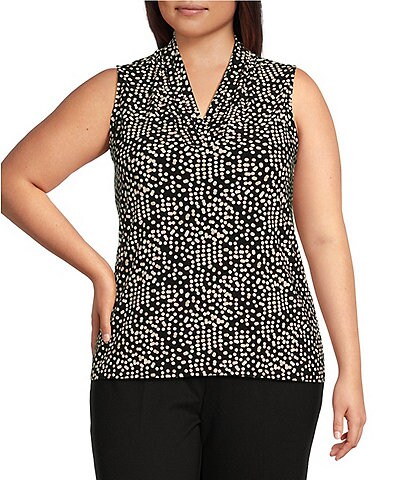 Anne Klein Plus Size Jersey Knit Printed Triple Pleated V-Neck Sleeveless Shell