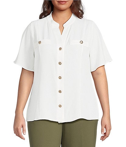 Anne Klein Plus Size Mandarin Collar Flutter Short Sleeve Button Front Top
