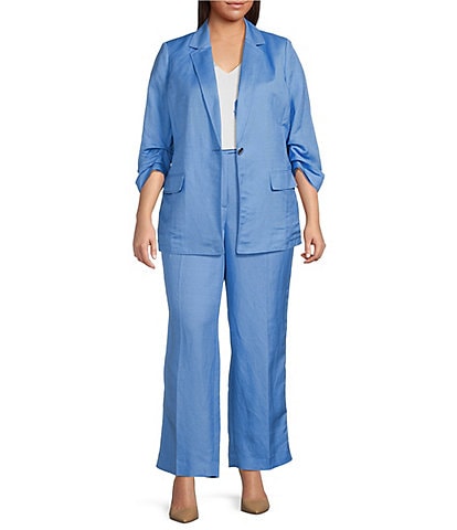 Anne Klein Plus Size Notch Lapel Scrunch 3/4 Sleeve Jacket & Coordinating Wide Leg Pants