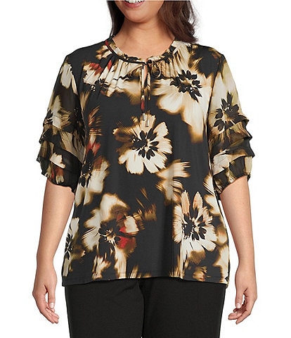 Anne Klein Plus Size Ruffle Split Neck Layered Elbow Sleeve Blouse