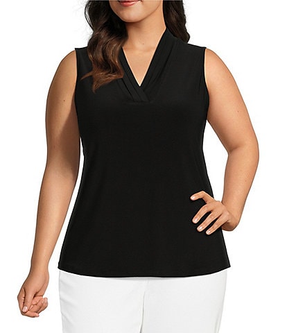 Anne Klein Plus Size Sleeveless Jersey Knit Pleated V-Neck Shell
