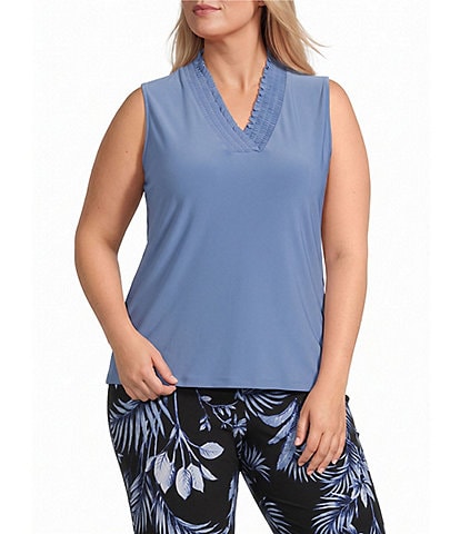 Anne Klein Plus Smocked V-Neck Tank Blouse