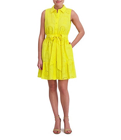 Anne Klein Point Collar Sleeveless Tiered Eyelet Shirt Dress