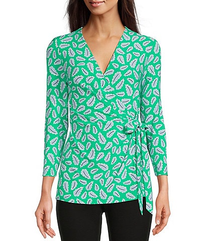 Anne Klein Printed 3/4 Sleeve Surplice V-Neck Faux Wrap Top