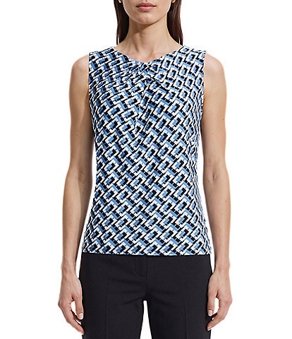Anne Klein Printed Asymmetrical Pleated Neck Sleeveless Shell Top