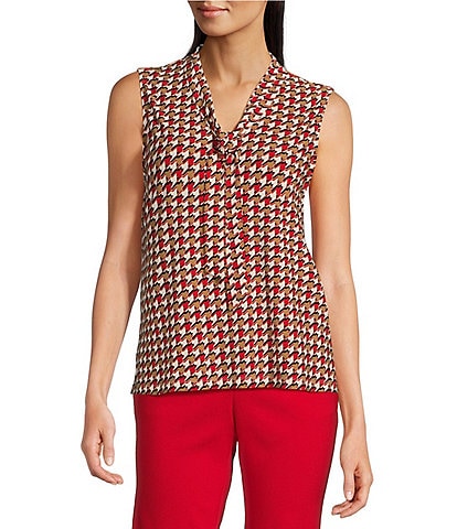 Anne Klein Printed Knit V-Neck Tie Front Sleeveless Blouse