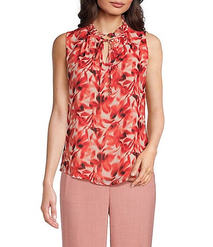 Anne Klein Printed Ruffle Mock Tie Neck Sleeveless Blouse