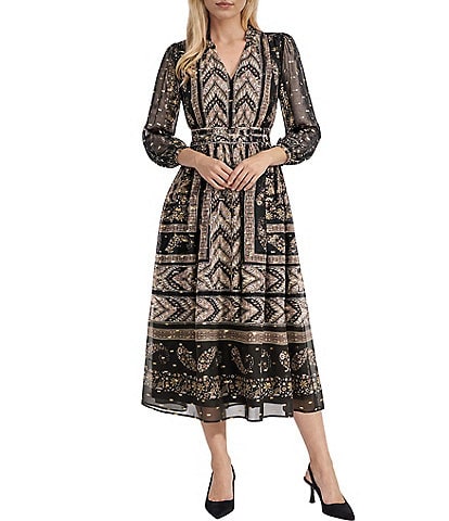 Anne Klein Printed Smocked Ruffle Midi Dress