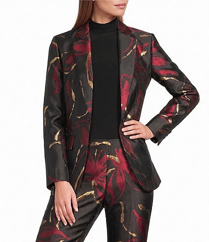 Anne Klein Printed Twill Jacquard Metallic Notch Collar One Button Front Blazer