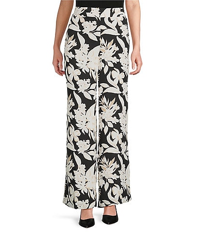 Anne Klein Pull On Floral Elastic Back Wide Leg Pants