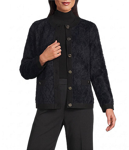Anne Klein Quilt Eyelash Lady Crew Neck Button Front Cardigan