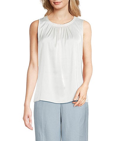 Anne Klein Round Neck Sleeveless Pleated Neck Blouse