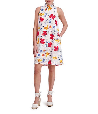 Anne Klein Ruffle Mock Neck Tie Back Sleeveless Floral Print Eyelet Shift Dress