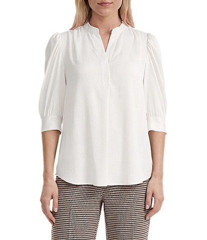 Anne Klein Satin Yoryu Y-Neck Puff Sleeves Pullover Blouse