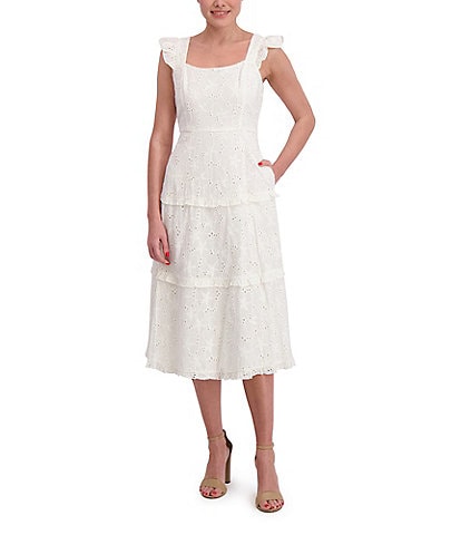 Anne Klein Scoop Neck Ruffle Shoulder Tiered Cotton Eyelet Midi Dress