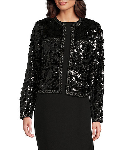 Anne Klein Sequin Round Neck Long Sleeve Kissing Front Cropped Jacket