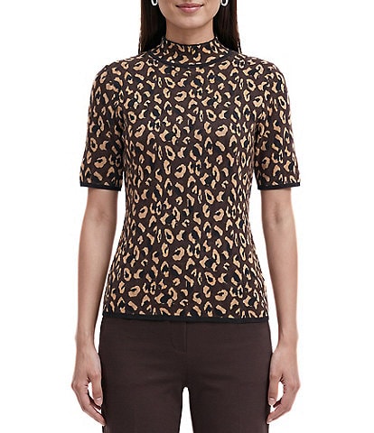 Anne Klein Short Sleeve Animal Jacquard Mock Neck