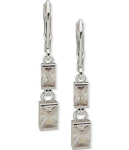 Anne Klein Silver Tone Crystal Baguette Double Drop Earrings