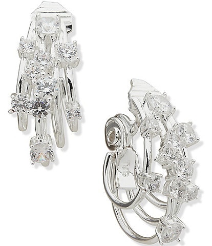 Anne Klein Silver Tone CZ Cluster Stone Hoop Clip Earrings