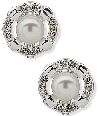 Anne Klein Silver Tone Openwork Pearl & Stone Button Stud Clip Earrings