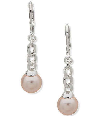Anne Klein Silver Tone Pink Pearl Leverback Drop Earrings