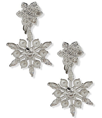 Anne Klein Silver Tone Snowflake Double Drop Clip Earrings