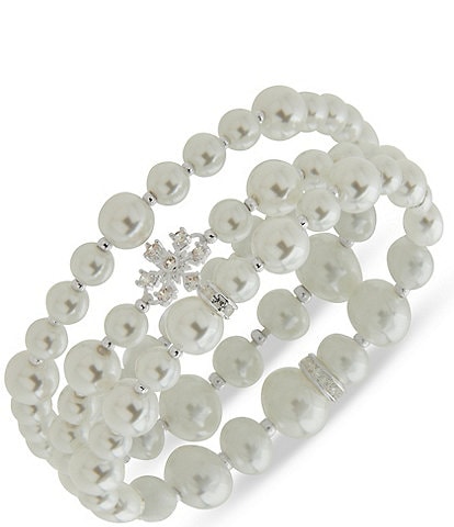 Anne Klein Silver Tone Snowflake Pearl Motif Stretch Bracelet Set
