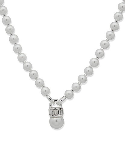 Anne Klein Silver Tone White Pearl Crystal Short Pendant Necklace