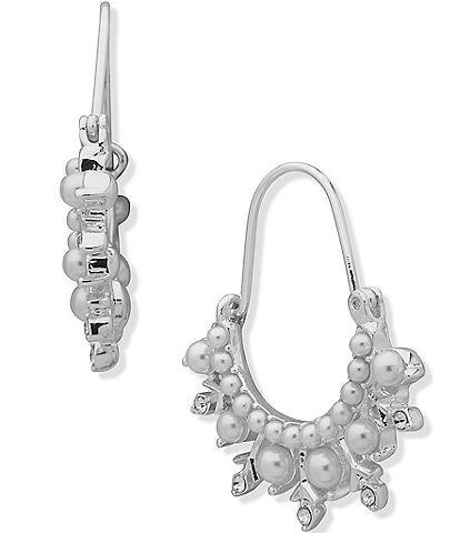 Anne Klein Silver Tone White Pearl Crystal Snowflake Hoop Earrings