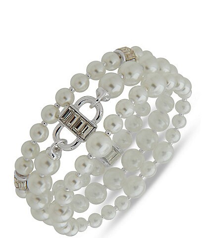 Anne Klein Silver Tone White Pearl CZ Stretch Bracelet Set