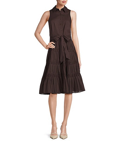 Anne Klein Sleeveless Cotton Poplin Tiered Midi Button Front Shirt Dress