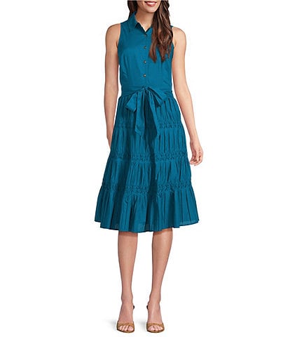 Anne Klein Sleeveless Cotton Poplin Tiered Midi Button Front Shirt Dress