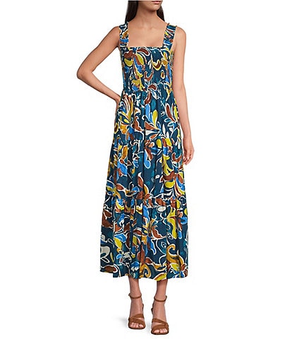 Anne Klein Smocked Bodice Eyelet Square Neck Sleeveless A-Line Maxi Dress