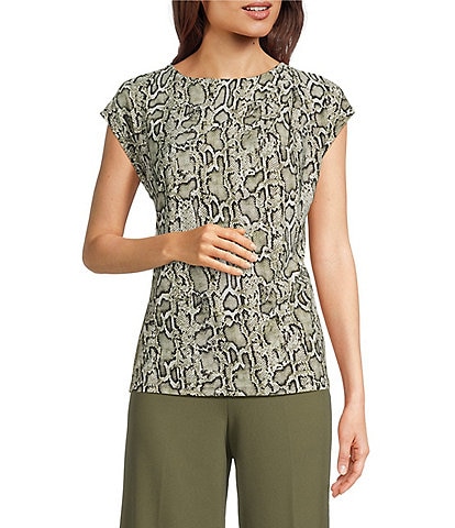 Anne Klein Snake Print Round Neck Pleated Short Sleeve Blouse