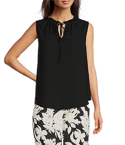 Anne Klein Solid Crepe de Chine Ruffle Tie Collar Sleeveless Tulla Blouse