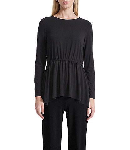 Anne Klein Solid Jersey Crew Neck Long Sleeve Shirred Waist Top