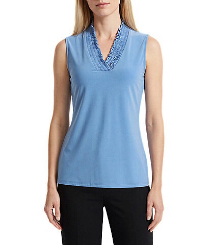 Anne Klein Solid Smocked V-Neck Sleeveless Fitted Tank Top