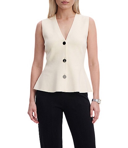 Anne Klein Solid V-Neck Sleeveless Button Front Peplum Vest