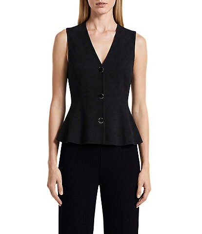 Anne Klein Solid V-Neck Sleeveless Button Front Peplum Vest